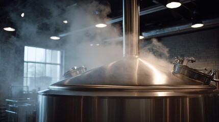 Industrial stainless steel brewing kettle with rising steam inside modern craft brewery interior perfect for beer production visuals, beverage manufacturing content and microbrewery promotions