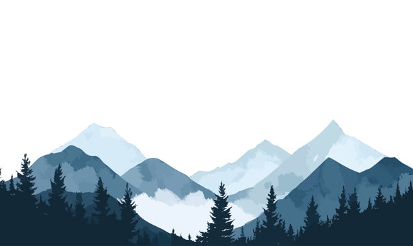 Minimalist watercolor landscape with snow capped mountain peaks and dense spruce forest silhouette on white background vector illustration