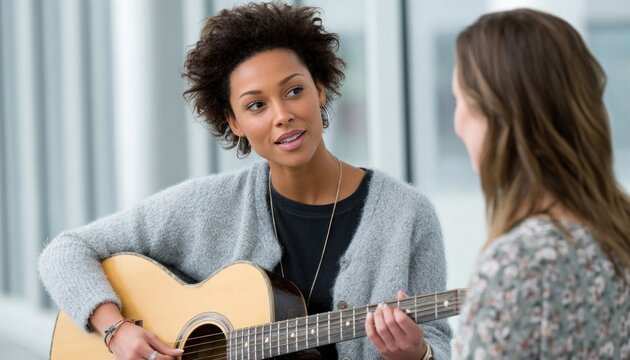 Guitarist teaching music to an engaged student