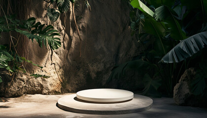 Stone product display podium with nature leaves on brown background