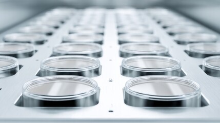 Sterile rows of transparent cosmetic cream jars placed inside a precision mold tray under clean lab lighting, ideal for skincare production, product packaging, and clinical beauty visuals