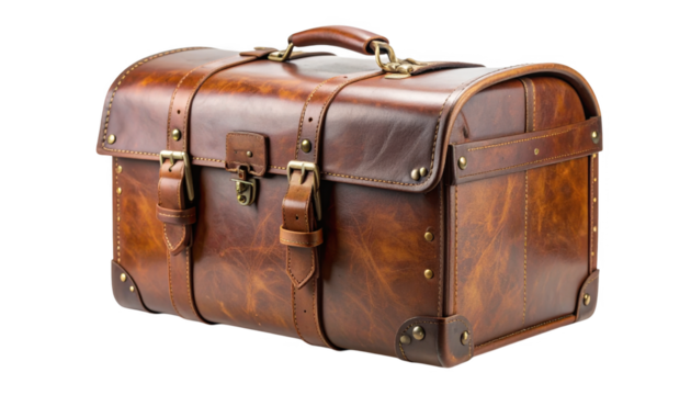 Vintage leather trunk studio photography isolated on transparent background