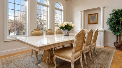 Elegant dining room with luxurious decor and natural light