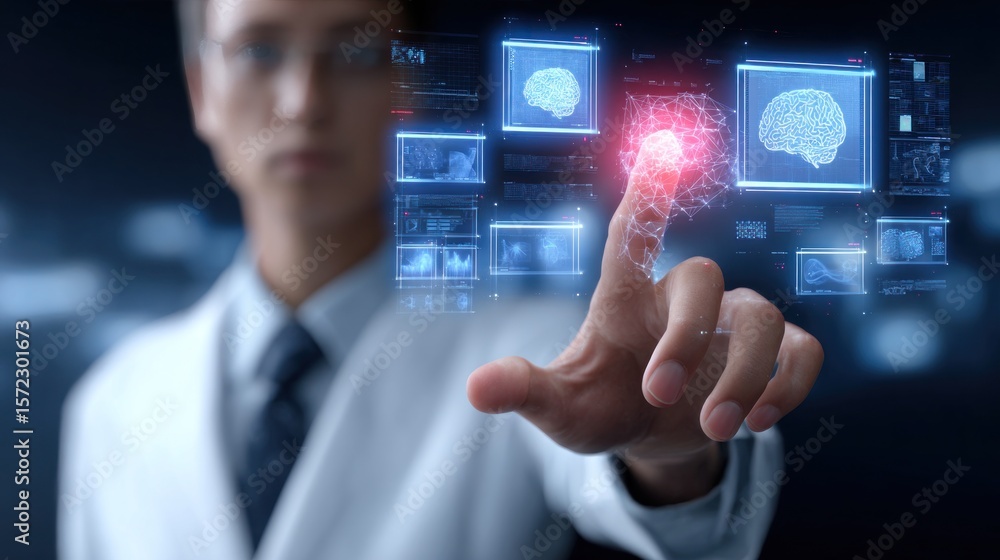 Poster futuristic interface with digital brain visualization