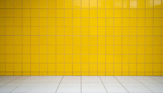Vibrant yellow tile floor with square wall tiles intense color saturation
