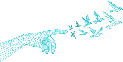 A digital hand releasing geometric birds into a black background creating a sense of freedom and hope