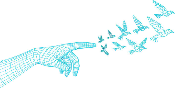 A digital hand releasing geometric birds into a black background creating a sense of freedom and hope