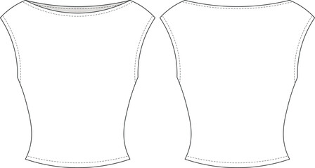 boat neck round neck sleeveless fit body concrop cropped blouse top tshirt tee template technical drawing flat sketch cad mockup fashion woman design style model 
