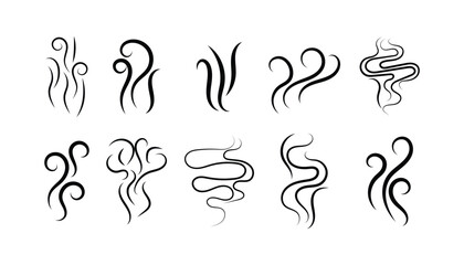 Smoke and Steam Icon Set. Hot Vapor, Smell, and Aroma Symbols. Cooking Fume and Warm Air Vector Collection.