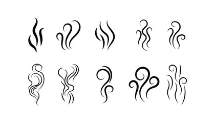 Smoke and Steam Icon Set. Hot Vapor, Smell, and Aroma Symbols. Cooking Fume and Warm Air Vector Collection.