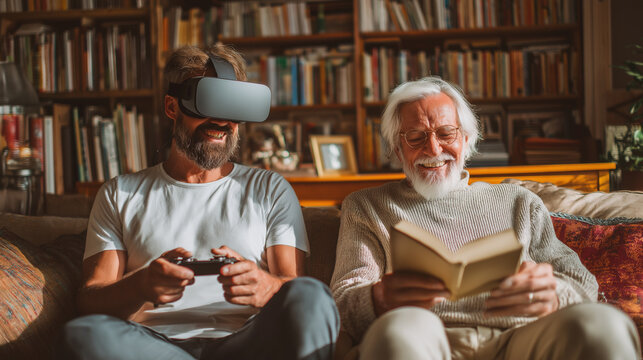 Man with VR headset gaming beside older man reading book.