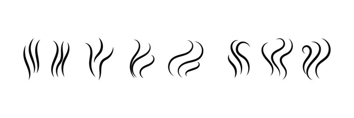 
Smell, smoke icons. Cooking hot steam or warm aroma smell mark, steaming vapor odor icons, symbols. Coffee Tea Soup Smoke Fume icon collections.