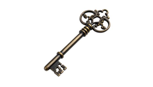 Vintage ornate bronze key isolated on transparent background