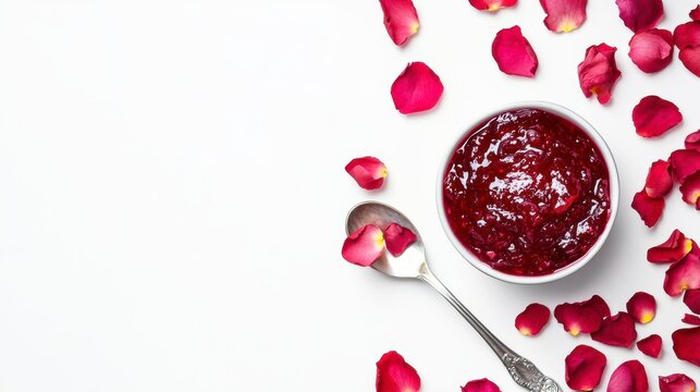 Rose petal jam in a bowl with scattered petals on white background.