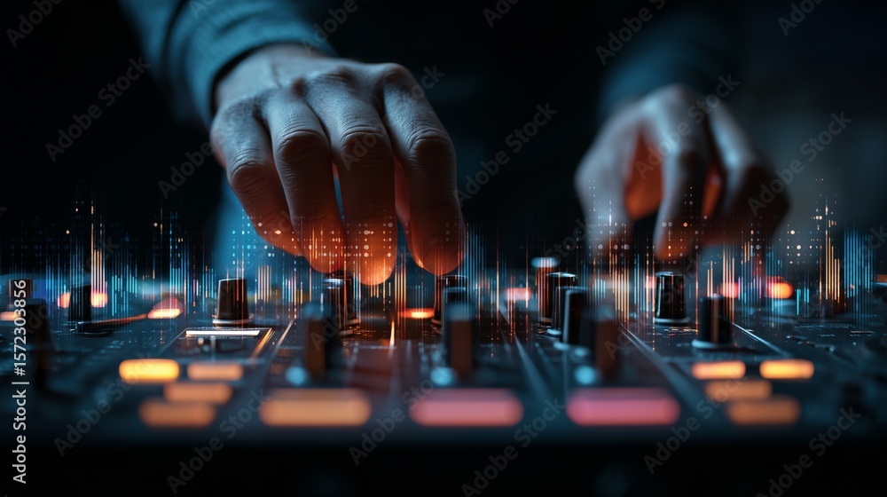 Aufkleber top-down view of a dj mixing console with hands adjusting knobs, surrounded by floating sound wave l