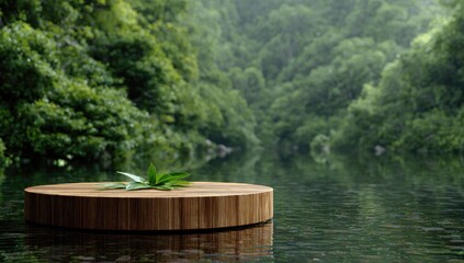 Wooden platform afloat on a calm lake, surrounded by lush green forest
