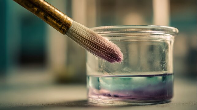 Artistic paintbrush dipped in glass jar of purple liquid paint in soft focused studio background ideal for creative projects, artistic inspiration, and fine art or craft visuals - Powered by Adobe