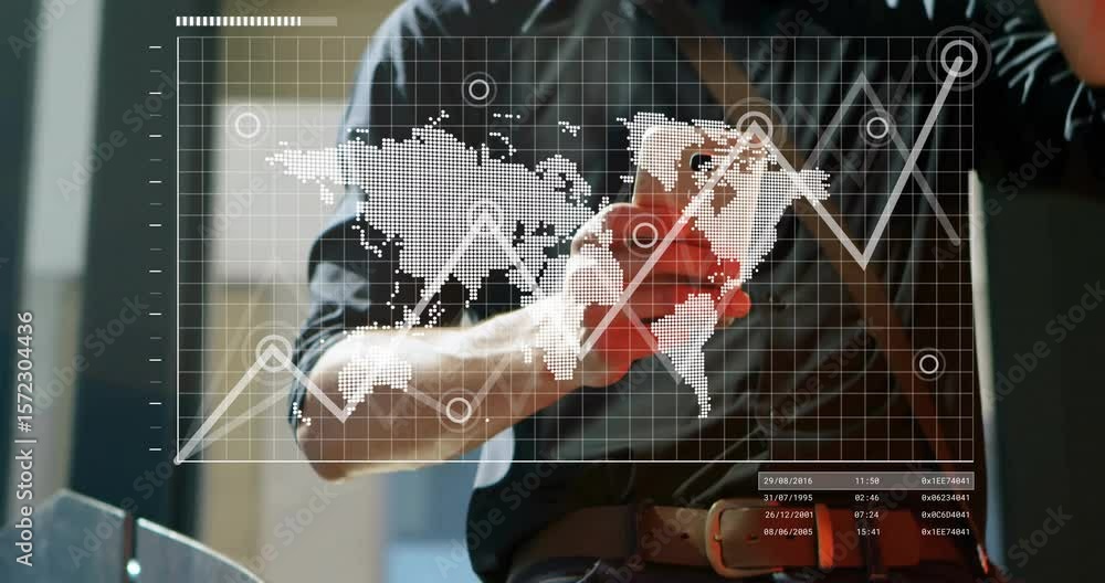 Poster data analyst glancing smartphone, tapping screen, animating transparent world map with rising graph