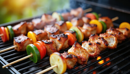 Chicken skewers with vegetables grilling on barbecue with flames and smoke