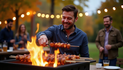 Smiling man grilling skewers over open fire with string lights and friends in background