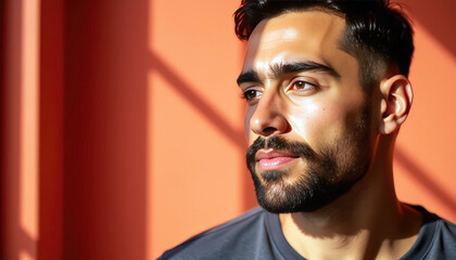 Close-up of bearded man with side glance against orange wall, short hair..