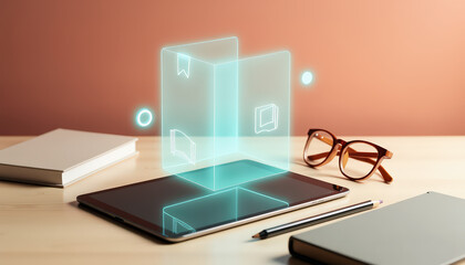 holographic book interface emerging from tablet near glasses, pencil, notebook and hardcover book on desk. Ideas appear out of thin air..