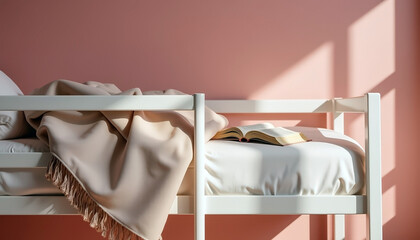 Children’s bed with open book and beige blanket near pink wall in sunlit room; daytime calm..
