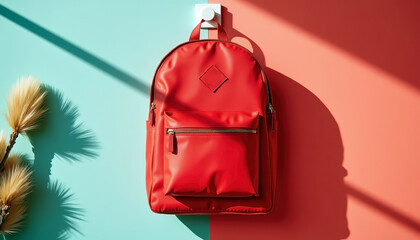 back to school essentials bright red backpack hanging. In the morning before lessons.