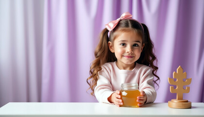children’s day celebration indoors cute girl holding honey jar. Sweetness of the Day