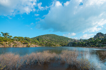 Lake Bafa region. Ancient city Latmos Cavdar Lake.Latmos Cavdar Lake in the Caria region. Latmos Cavdar village Cobantas castle Cavdar Lake. Aydin, Türkiye.