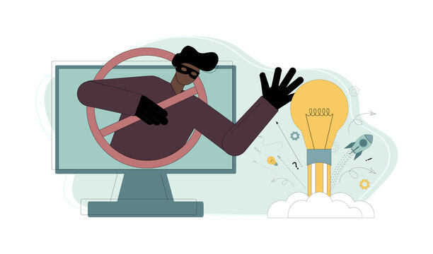 Theft and plagiarism, copying ideas, thoughts. A man, a swindler, reaches out to someone else's idea, a light bulb