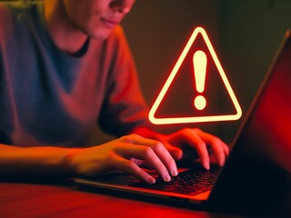 Person typing on laptop with glowing red warning symbol image