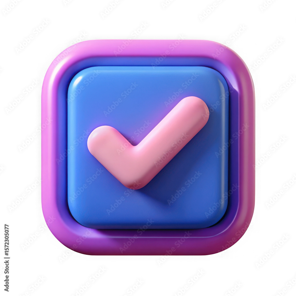 Poster a 3d pink checkmark icon on a square blue button isolated on transparent background