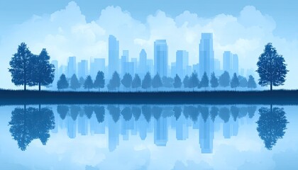 Blue cityscape mirrored in water with trees and clouds above. Ideal backdrop for eco-friendly city concepts and serene urban designs.
