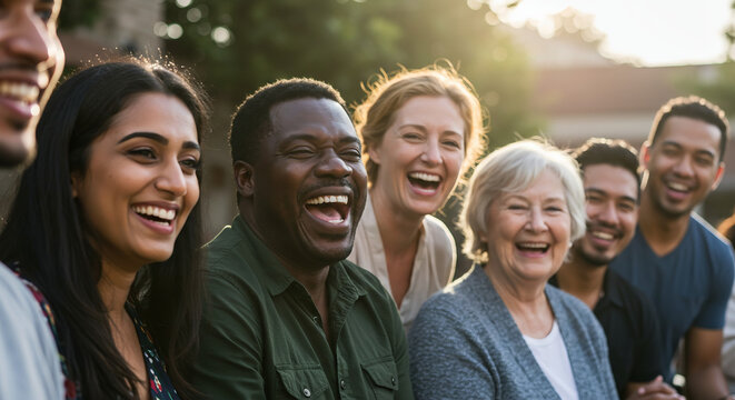 A group of diverse people of different ethnicities, ages, and body types laughing together at a community event, natural candid style, sunny day, inclusive and positive mood, documentary photography