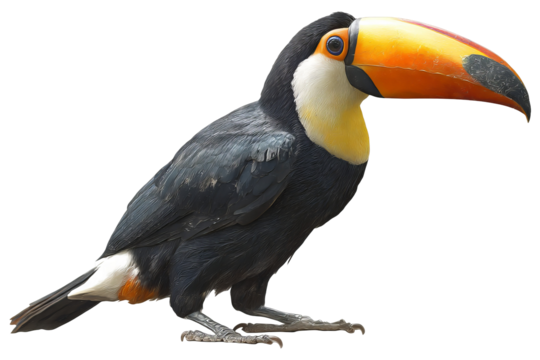 Vibrant toucan bird isolated on transparent background in high-resolution PNG style, perfect for cutout design projects