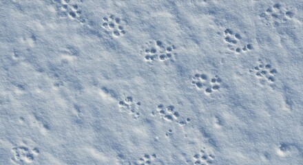 Obraz premium Small grouped animal paw prints appear in sunlit bluetinted snow showing distinct toe and pad marks