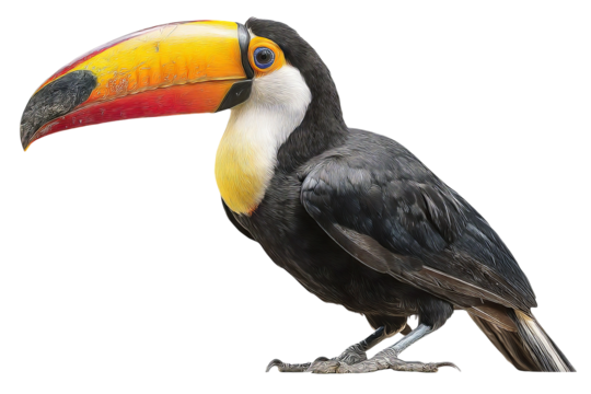 Vibrant toucan bird isolated on transparent background in high-resolution PNG style, perfect for cutout design projects