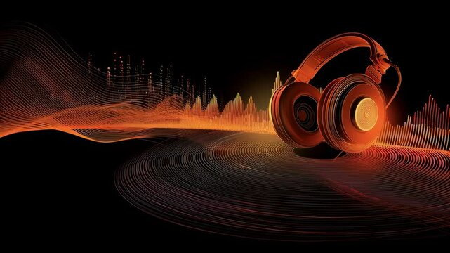Abstract digital illustration showing a fusion of music icons: headphones, vinyl records, sound waves, and equalizer bars blending together, ideal for music streaming promotions &mdash; high-energy, gradien