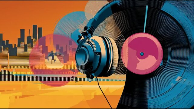 Abstract digital illustration showing a fusion of music icons: headphones, vinyl records, sound waves, and equalizer bars blending together, ideal for music streaming promotions &mdash; high-energy, gradien