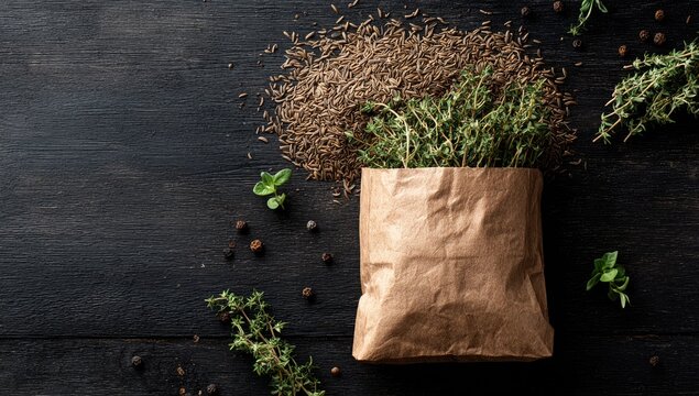 Brown paper bag filled with fresh thyme, beside cumin seeds and peppercorns on a dark wooden surface