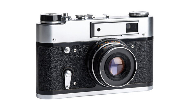 Vintage silver camera with black body isolated on transparent background