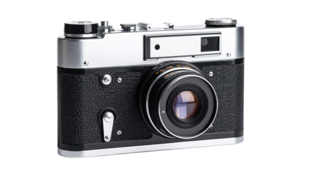 Vintage silver camera with black body isolated on transparent background