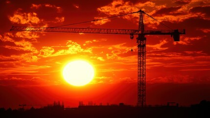 Fototapeta premium Construction crane silhouetted against fiery sunset
