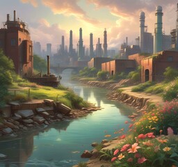Fototapeta premium A polluted industrial area transforming into a green, thriving landscape with recycling bins, clean rivers, and blooming flowers, in a semi-realistic style.