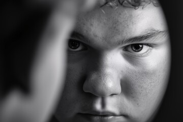 Fototapeta premium Closeup overweight fat boy face mirror black and white, intense emotional expression, concept of self reflection and body image
