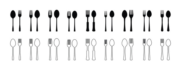 Spoon and Fork Icon Set – Minimal Tableware Symbols in Solid, Outline and Duotone Styles for Menu and Restaurant Design

