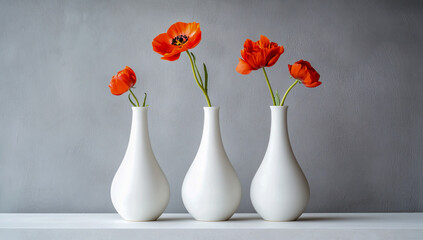 Placed on a neutral gray background, a minimalist tabletop arrangement featuring three white ceramic bottles and three decorative vases.