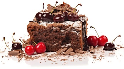Delectable chocolate cake slice with cherries and cream on a plate, a sweet and tasty dessert