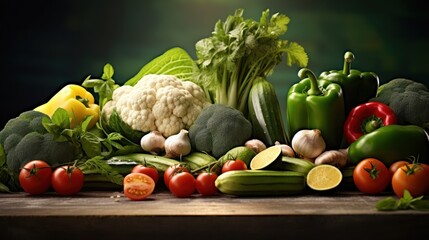 Fresh, healthy fruits and vegetables, including tomatoes, peppers, and green lettuce, are beautifully arranged on a wooden table